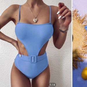 One piece cutout light blue high waisted swimsuit